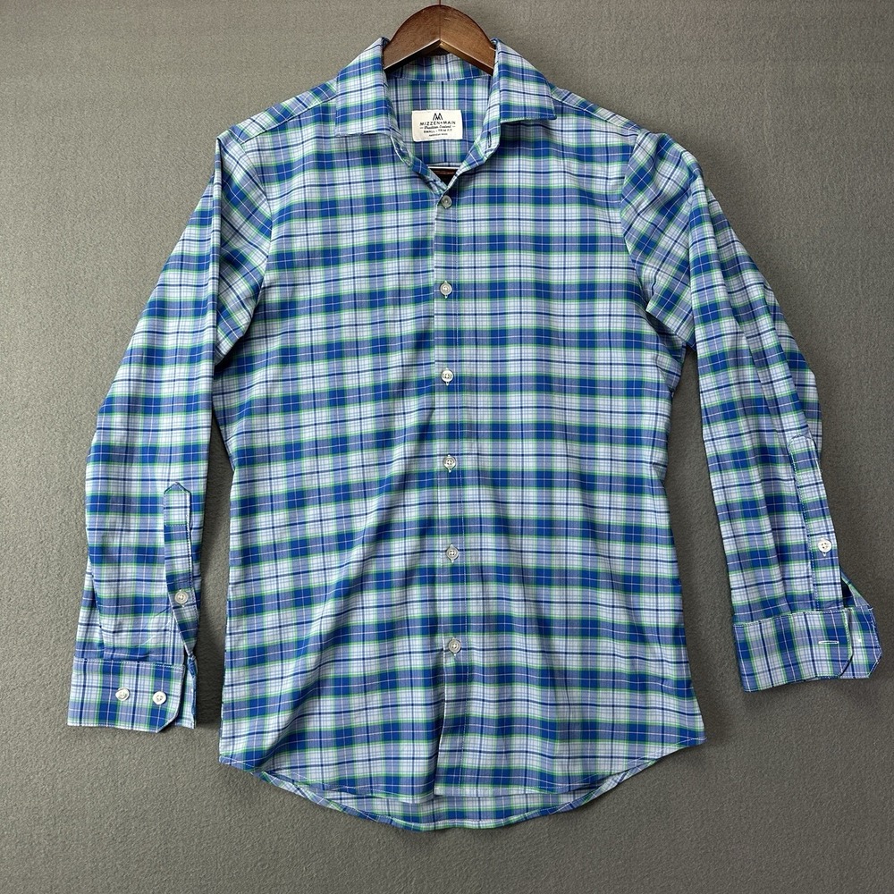 Mizzen+Main Dress Shirt Mens Small Trim Fit Blue Green Check Stretch Performance